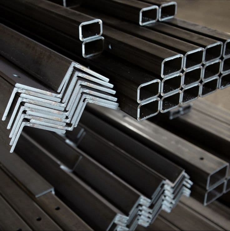 Structural angles and rectangular hollow sections stacked for dispatch