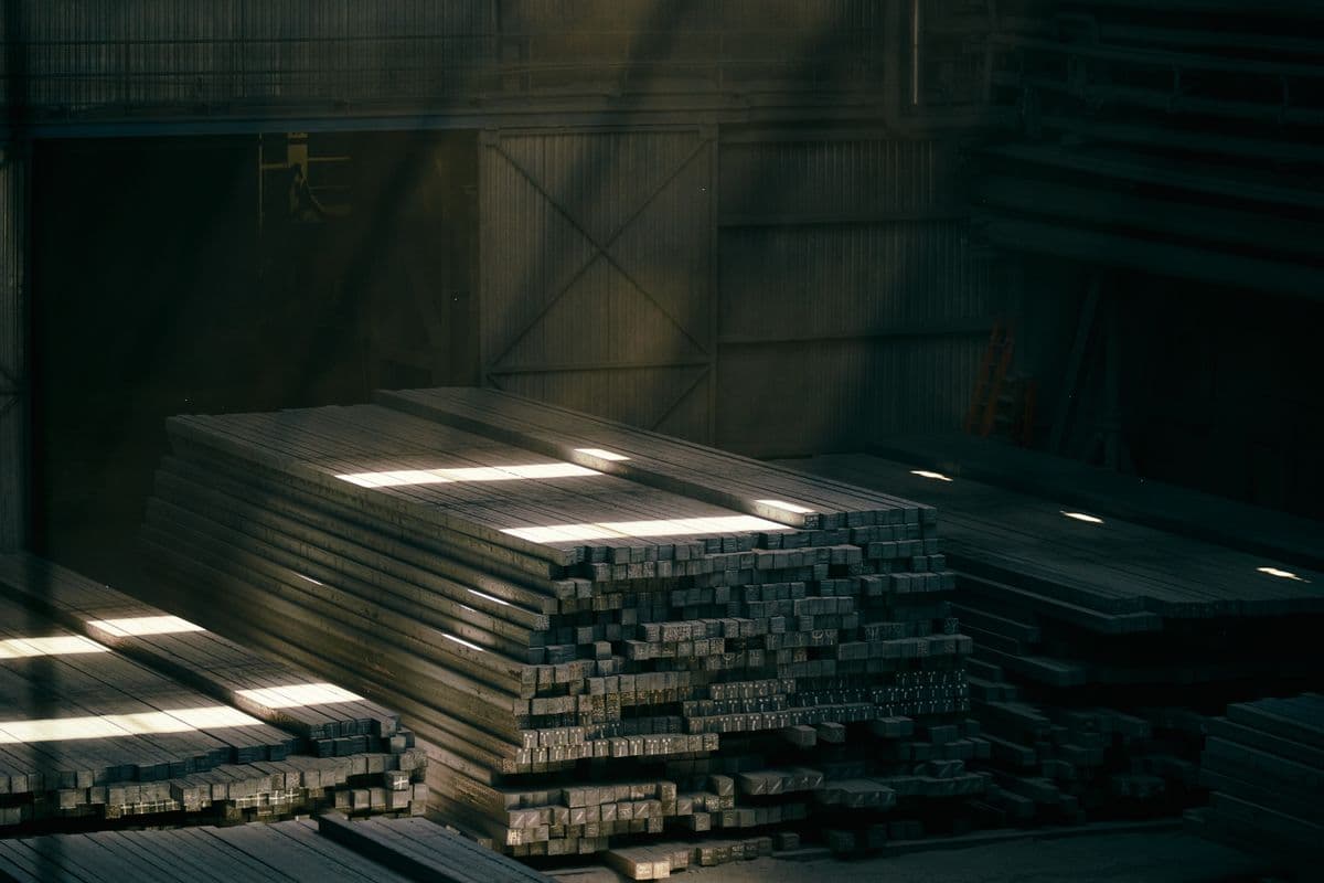 Steel sections stored in a warehouse interior